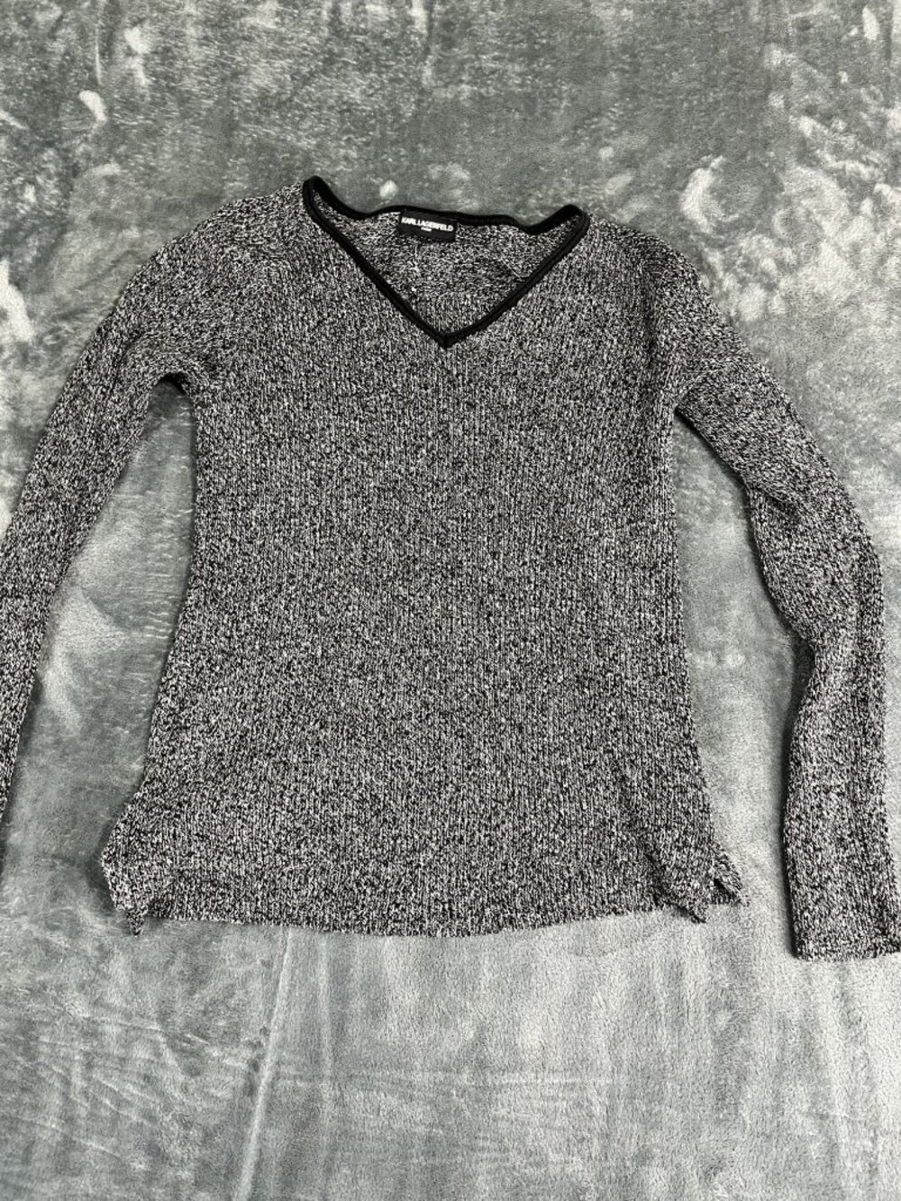 Karl Lagerfeld Paris Womens Black White Marled V Neck Knit Sweater M